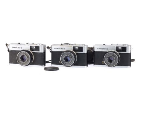 Three Olympus Trip 35 35mm Cameras, three examples: 4994216 - body G, shutter working, aperture blades appear stuck but no si