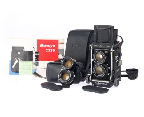 A Mamiya C330 Medium Format TLR Camera, black, body G-VG, bellows appear G-VG, focusing screen clear &amp; bright, together w