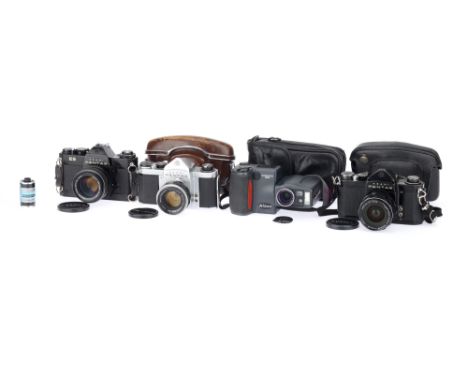 Three Asahi Pentax SLR Cameras and a Nikon Coolpix Digital Camera comprising a black Pentax ES, 1972-73, with an SMC Takumar 