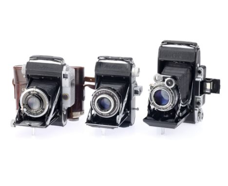 Three Welta and Zeiss Ikon Folding Roll Film Cameras comprising a Welta Weltur 6x6/4.5x6cm rangefinder camera, 1938, with a S