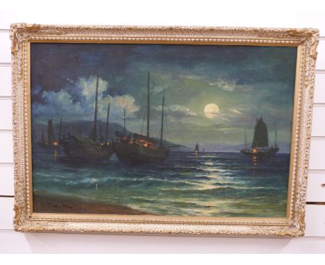 M Chang (Hong Kong School) oil on canvas, bright light fishing under a full moon, St George's bay, Hong Kong, circa 1960