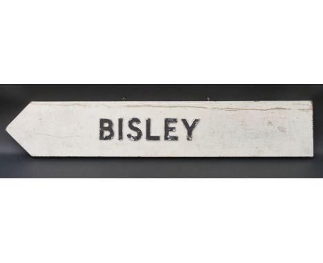 A vintage 'Bisley', Gloucestershire double sided road sign with wooden board and aluminium letters (length overall 93cm) 