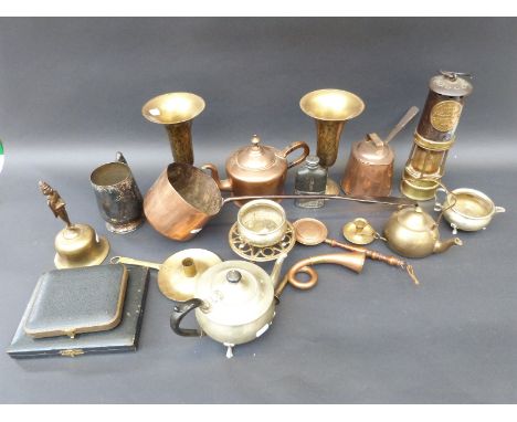 Hailwood & Ackroyd Ltd. approved miner's lamp No 16, copper and brassware including a figural bell, plated ware etc