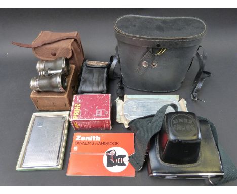 A collection of cameras, opera glasses, Miranda binoculars, cigarette case/lighter, Rolls razor etc. 