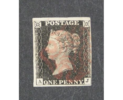 A 1d black stamp, AJ plate 8, 4 margins with light red Maltese cross cancellation