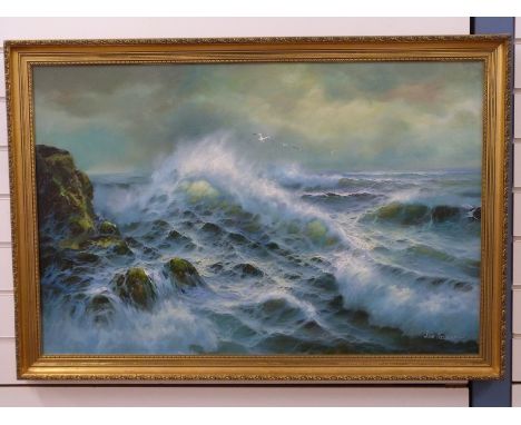 June Nelson oil on canvas seascape in gilt frame, 58 x 89cm