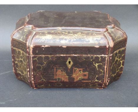 A 19thC Chinese shaped lacquer two-division tea caddy with gilt decoration and pewter or Pak Tong lining, 24x18x13cm