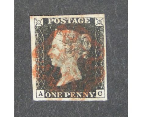 A 1d black stamp AC plate 2, 4 margins with light red Maltese Cross cancellation