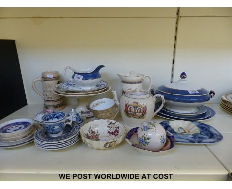 A collection of ceramics including George Jones tazza, Woods Powder Blue, Royal Crown Derby, Spode etc.