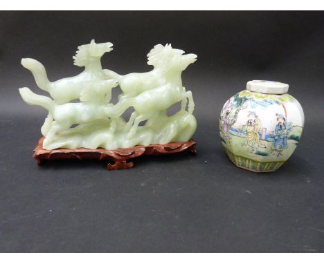 A 19thC Chinese octagonal tea caddy and cover decorated with court scenes (13cm tall) together with carved jadeite horses on 