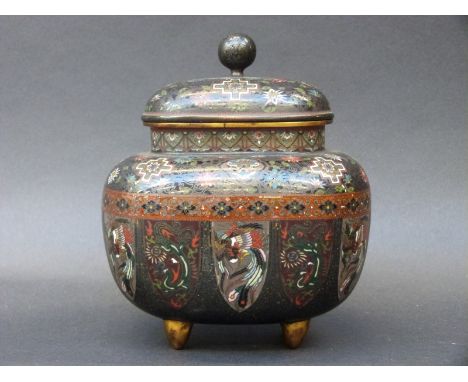 A Chinese cloisonne tea caddy decorated with dragons and mythical creatures and with aventurine band, raised on four gilt fee
