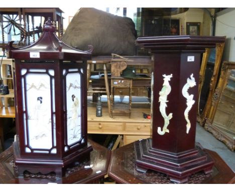 A Chinese lantern style lamp on stand decorated with Shibayama panels, 135cm tall