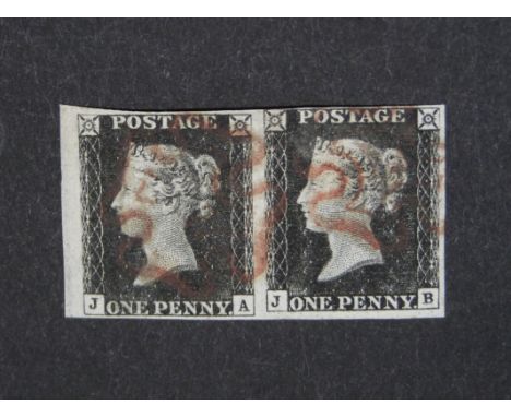 A good 4 margin pair of 1d black stamps JA and JB with light red Maltese Cross cancellation