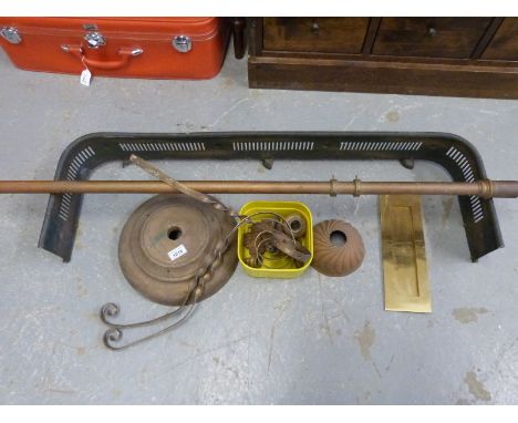 A brass and copper standard lamp, brass fender and a letterbox