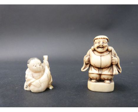 A Japanese Meiji period carved ivory netsuke of a man carrying a sack and an okimono of a child holding a gourd, 4.5cm and 3c