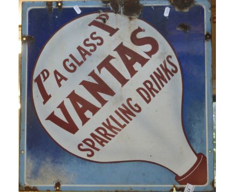 A vintage enamel advertising sign  '1D A Glass Vantas Sparking Drinks' (51cm square) 