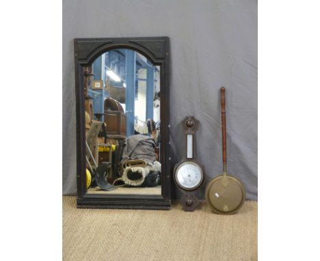 A brass warming pan, barometer and mirror (H116 x W64cm)