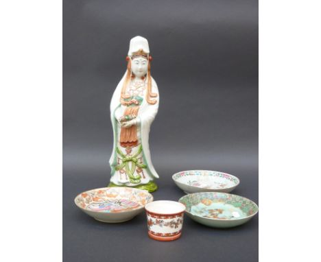 Three Chinese plates two with court scene decoration together with a Chinese figure holding a scroll, 38cm tall, and a Japane