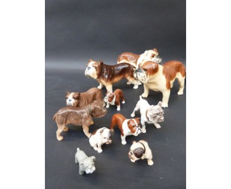 A collection of ceramic bulldogs including two Beswick Ch. Basford British Mascot, two Royal Doulton K1 R, Royal Doulton HN 1