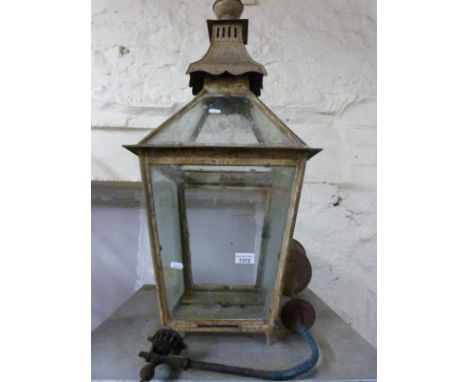 A 19thC lantern/lamp with possible gas burner, height of lamp approximately 85cm