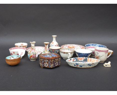 A collection of Chinese ceramics including cups, saucers, tea bowls, vases etc together with a hexagonal cloisonne box decora