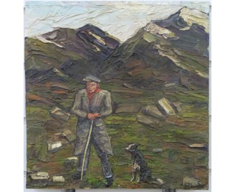 Attributed to Kyffin Williams oil on plywood, farmer and sheepdog in mountainous landscape, unsigned, 34x33cm, with part labe