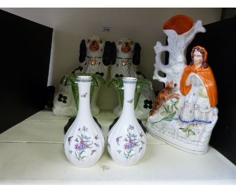 A pair of Staffordshire mantel dogs, spill vase, Victorian green glass vases on stands & Spode vases