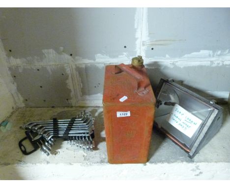 A retro 1000W floodlight, scythe, two gallon petrol can and spanner sets