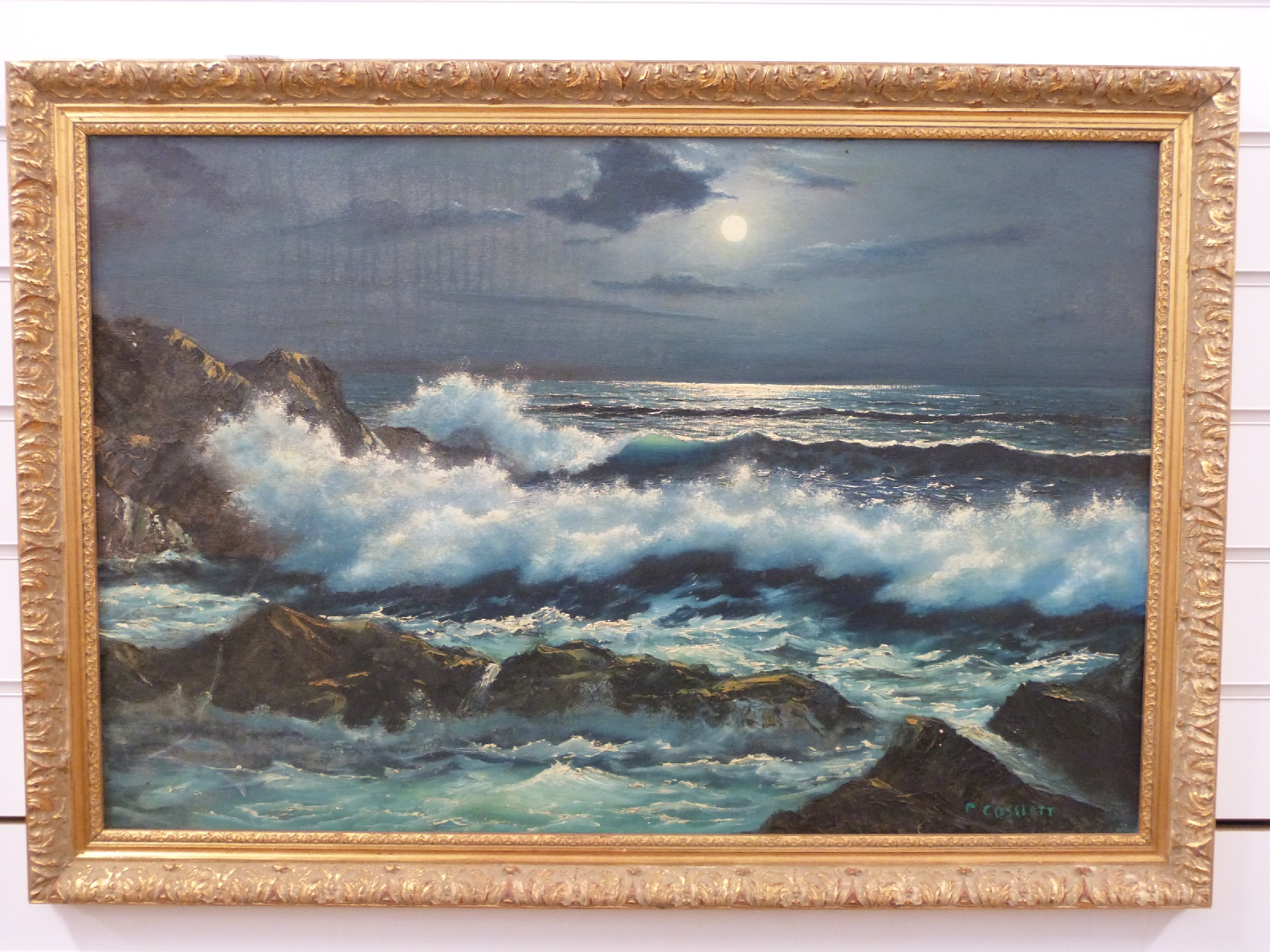 Peter Cosslett oil on canvas, moonlit breakers seacape, 50x74cm