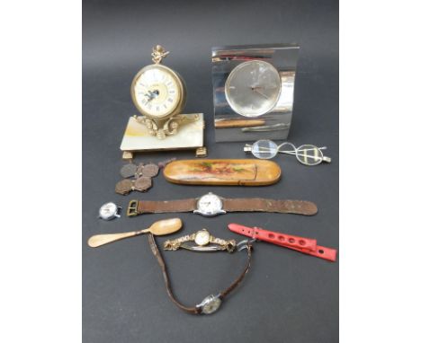 A Jasper Conran silver plated clock, further clock, vintage spectacles, watches etc