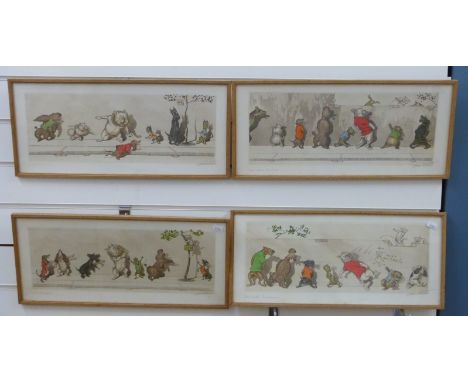 A set of four Boris O'Klein signed humorous dog prints, 21x49cm, in matching light oak frames 