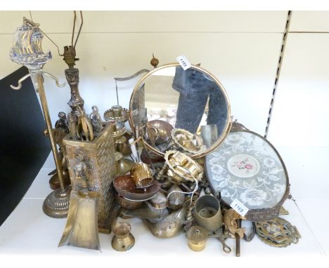 Brass framed mirror, figural lamp, retro companion set, candlestick, horse brasses, spirit kettle etc