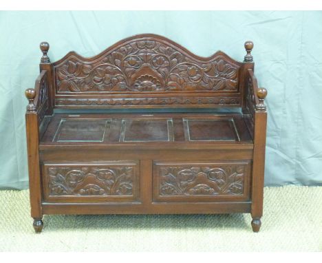 A carved wooden hall seat or bench (W100 x D48 x H80cm)