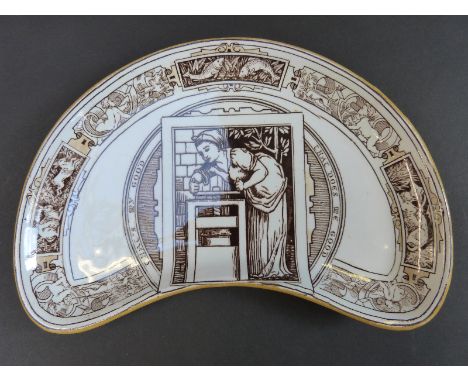 Wedgwood dish (c1880) in manner of Walter Crane decorated in Arts & Crafts style, central female figure working a press, pict