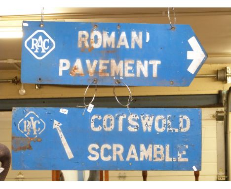 Two vintage RAC road signs, one Roman Pavement the other Cotswold Scramble (each approximately 92cm long) 