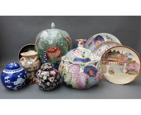 A collection of Chinese and Japanese ceramics including ginger jars, plates, bottle vase etc together with an ivory style net