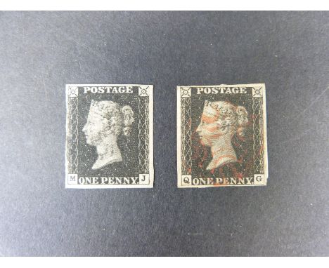 Two GB 1d black stamps MJ and QG, both plate 7, four margins and light cancellations