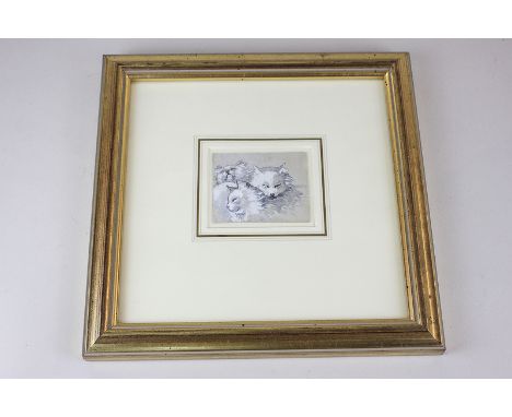 Louis Wain (1860-1939), study of three sleeping cats, watercolour and pencil, Chris Beetles Gallery label verso, 5.5cm by 7cm