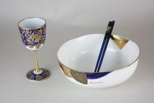 A Kansai Japanese Porcelain Bowl With Chopsticks Together With A