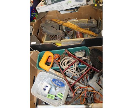 TWO BOXES OF VINTAGE TOOLS, MOTORING SPARES ETC