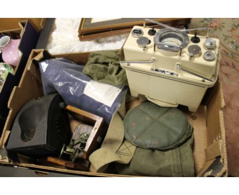 A TRAY OF COLD WAR ERA BRITISH ARMY ITEMS TO INC A GEIGER COUNTER & SEALED PATTERN OVERALL