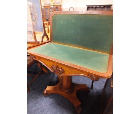 A 19TH CENTURY MAHOGANY CROSSBANDED FOLD OVER CARD TABLE