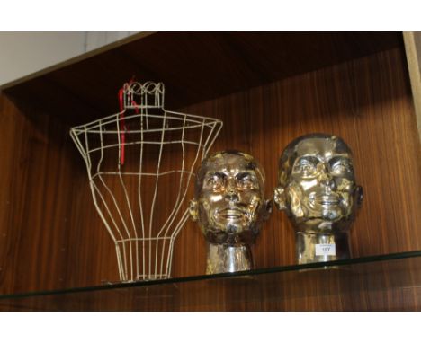 TWO SILVER VINTAGE MANNEQUIN HEADS & A METAL DISPLAY BUST