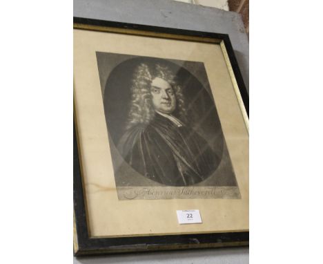 A FRAMED MEZZOTINT BEHIND GLASS - PORTRAIT HENRICUS SACHEVERELL AFTER T GIBSON ENGRAVED P SCHENK 1720