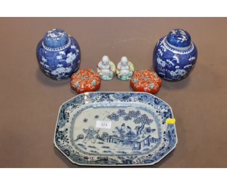 A PAIR OF CHINESE/ORIENTAL GINGER JARS, CERAMIC FIGURES, MEAT PLATE ETC