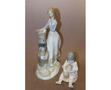 A NAO FIGURE OF A SEATED CHILD WITH CAT PLUS ANOTHER (2)