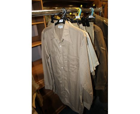 VINTAGE BRITISH ARMY KHAKI DRILL UNIFORM ITEMS TO INC SHIRTS, SHORTS, TROUSERS (7)