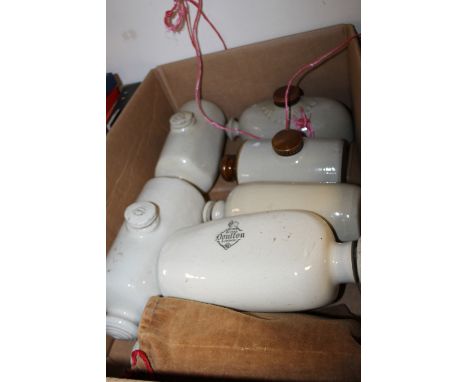 A BOX OF VINTAGE CERAMIC WATER BOTTLES TO INC ROYAL DOULTON