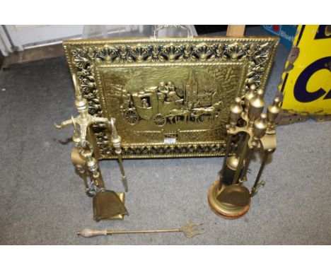 A BRASS FIREGUARD & TWO BRASS COMPANION ETC