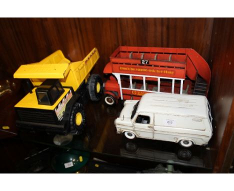 THREE TIN TOYS TO INC A TONKA TRUNK